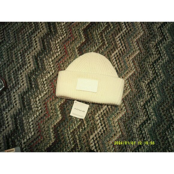 Coach Cream White Tonal Patch Beanie